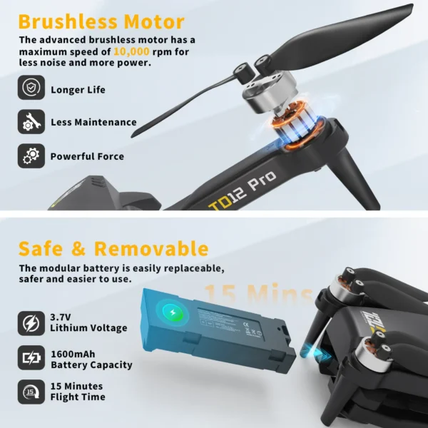 TD12Pro 5GHz WIFI FPV Drone With 1080p HD Camera, 2 Batteries 360° Flip RC Quadcopter Professional Brushless Motor UAV CO - Image 5